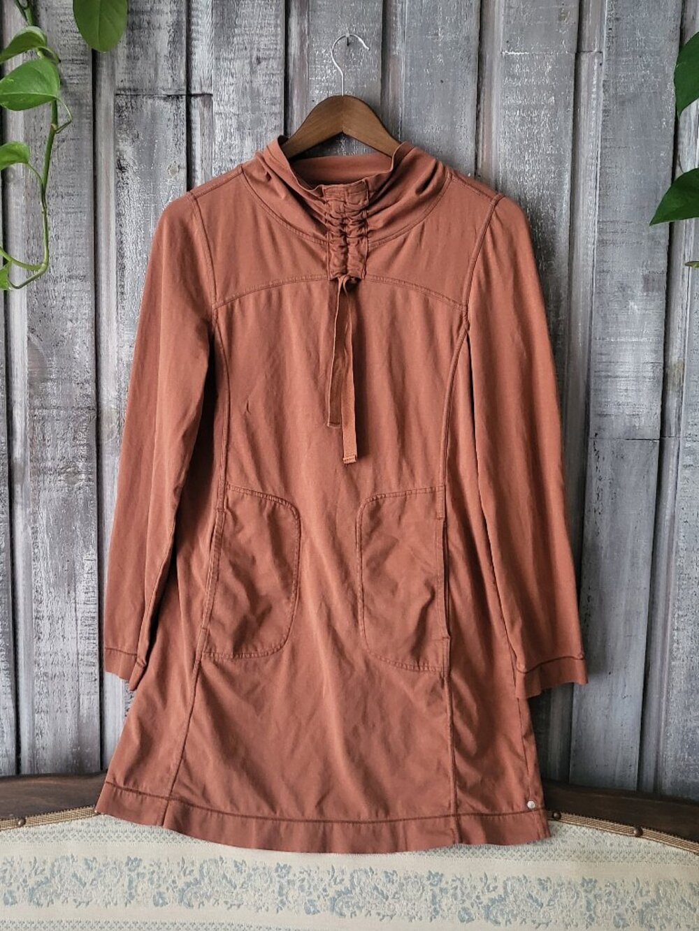 Neon Buddha Nirvana Cowl Neck Sweatshirt Dress Long Sleeve Pockets Rust Medium